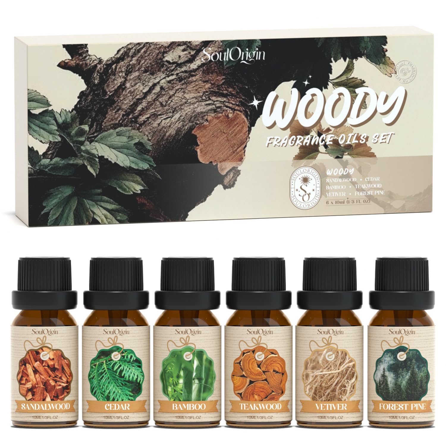 Soulorigin Woody Essential Oils Set packaging with bottles