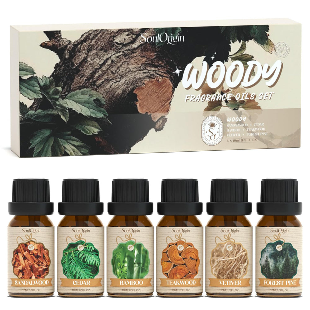 Soulorigin Woody Essential Oils Set packaging with bottles
