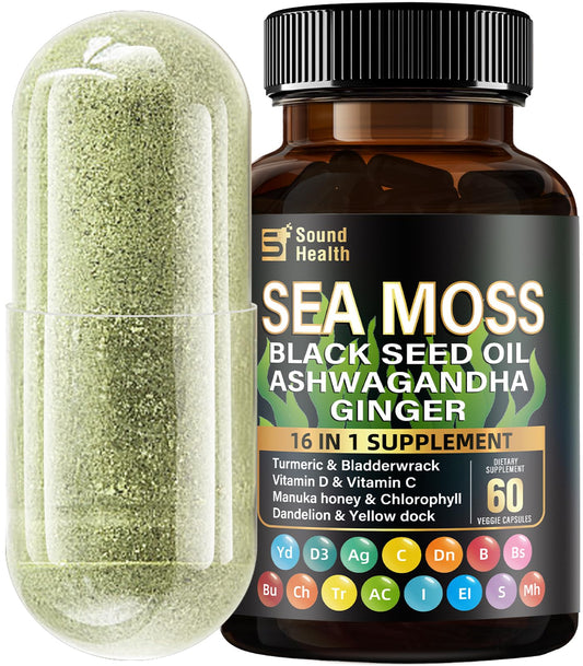 Front of SoundHealth Sea Moss Capsules bottle