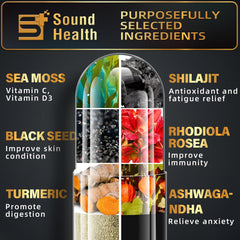 Ingredients blend including sea moss, black seed oil, ashwagandha, turmeric and burdock