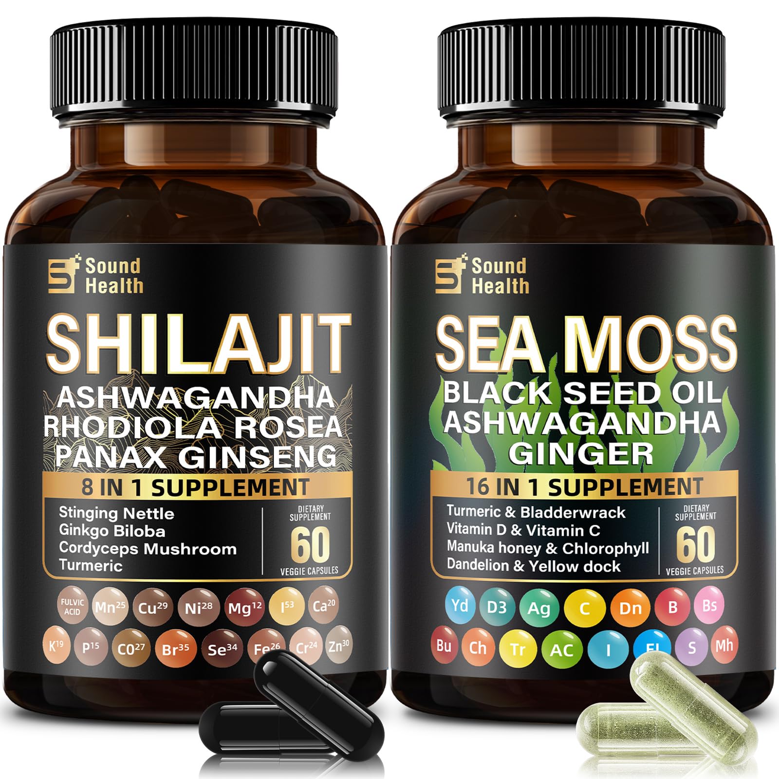 SoundHealth Wild Organic Irish Sea Moss & Shilajit bottles on display