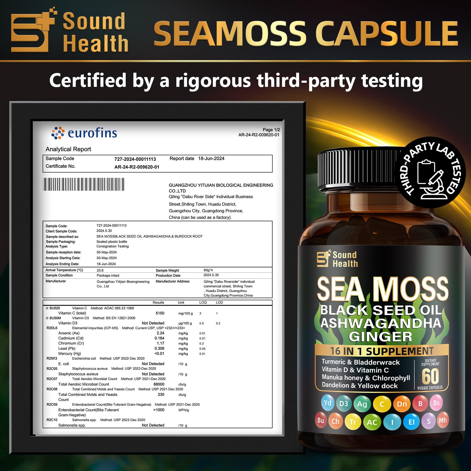 Close-up of Sea Moss and Shilajit capsules highlighting mg amounts