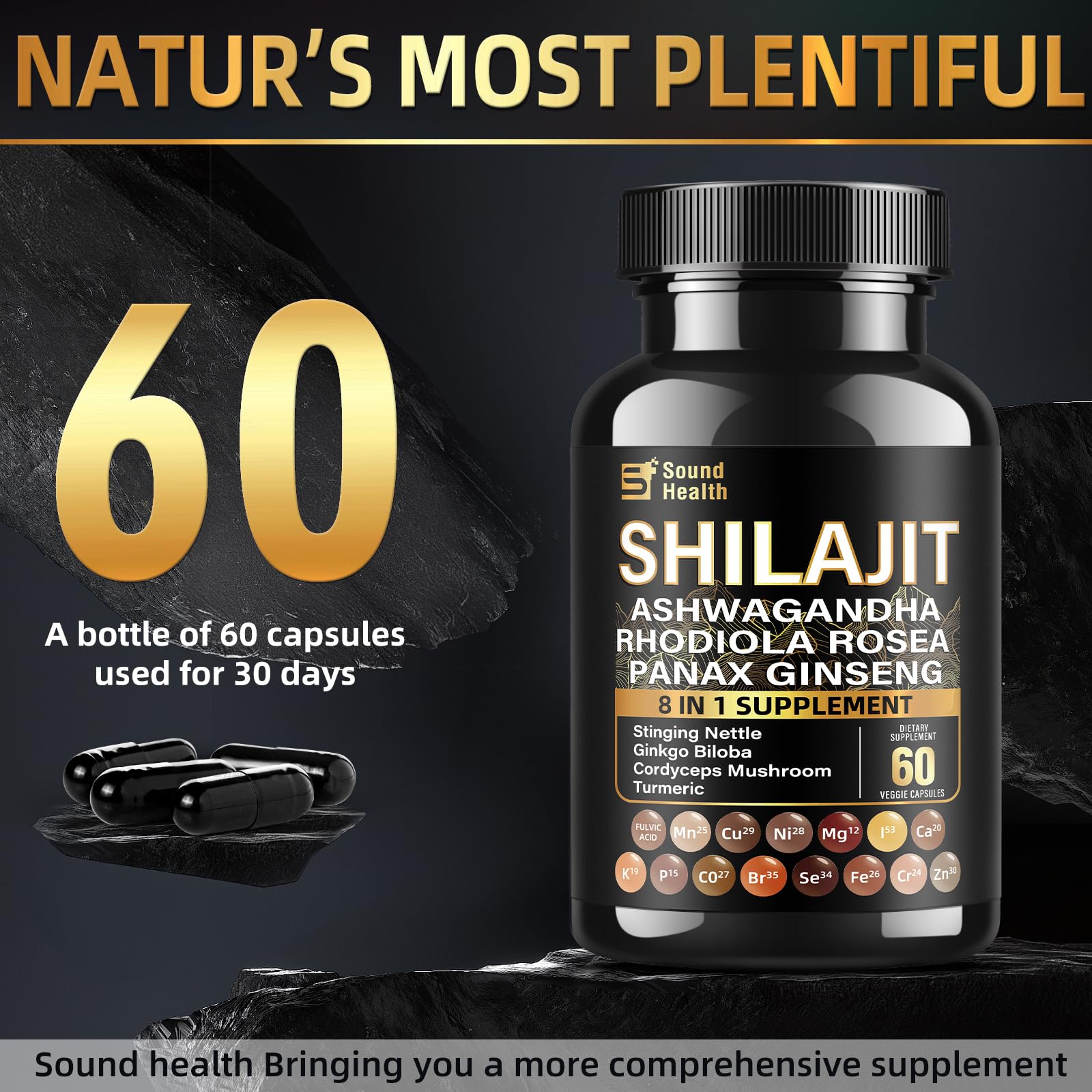 Capsules and packaging with sea moss and shilajit imagery