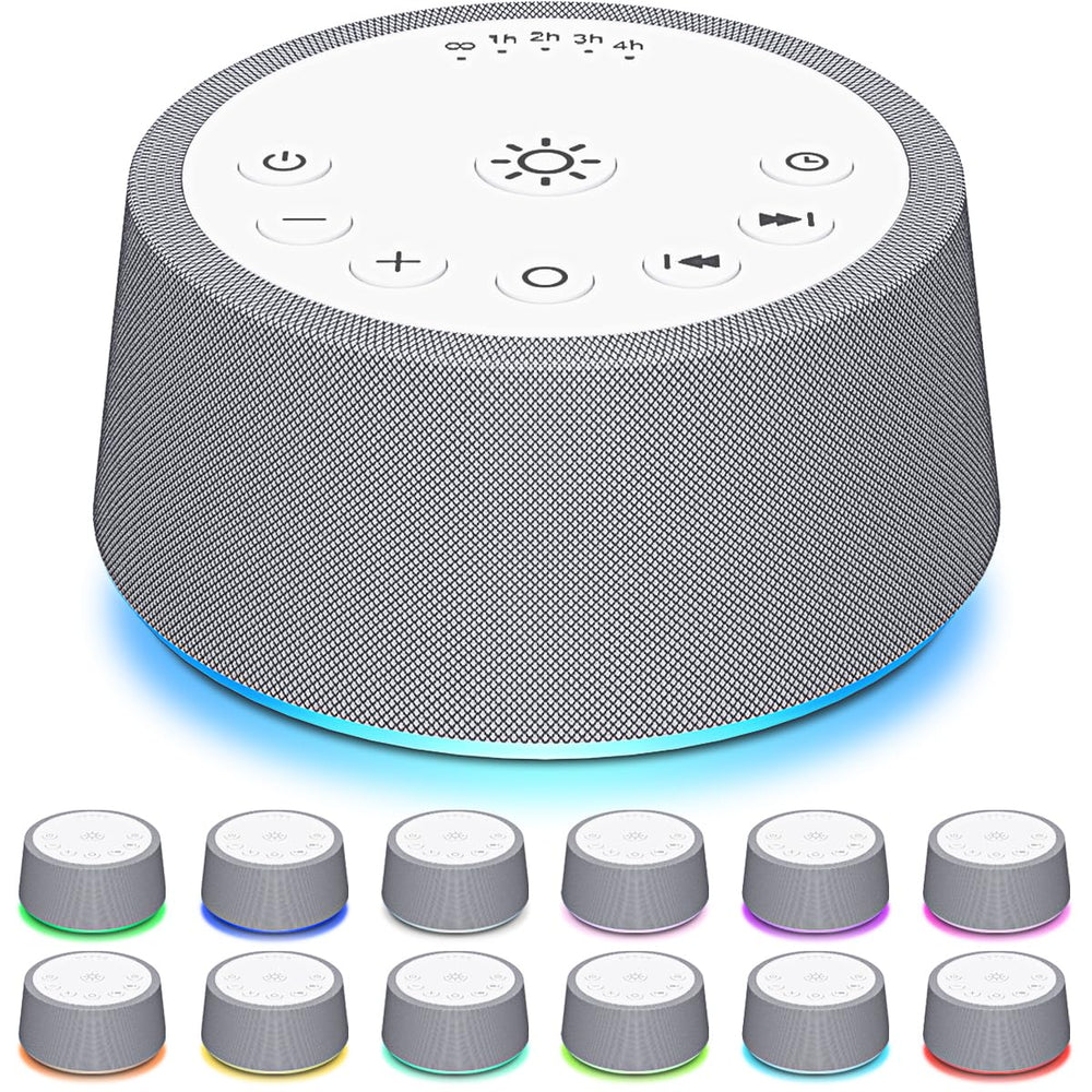 SoundLegend white noise sleep machine front view shows compact bedside design.