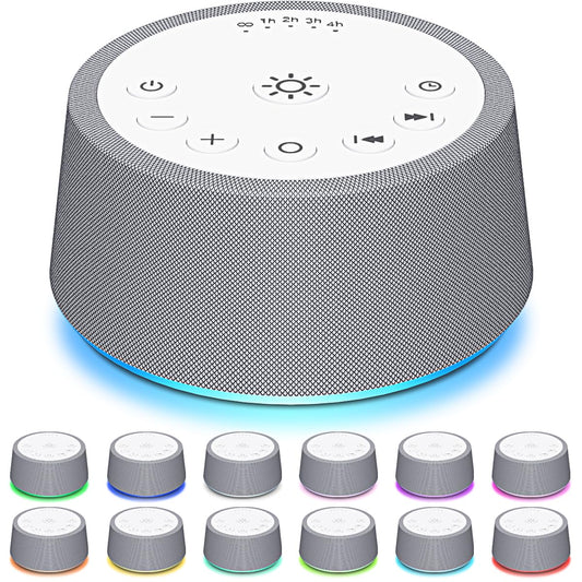 SoundLegend white noise sleep machine front view shows compact bedside design.