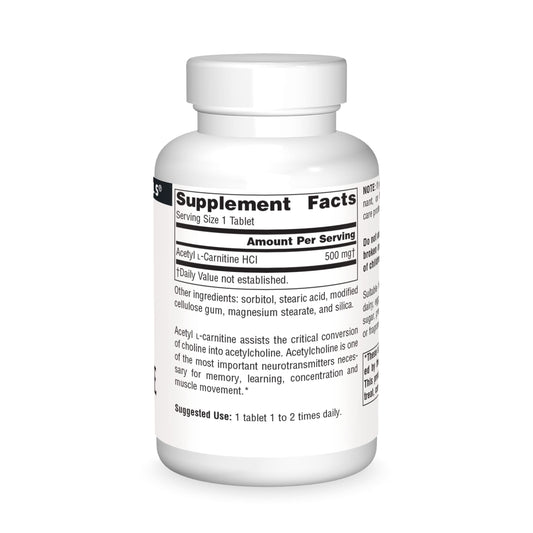 Close-up of Acetyl L-Carnitine bottle label showing 500mg