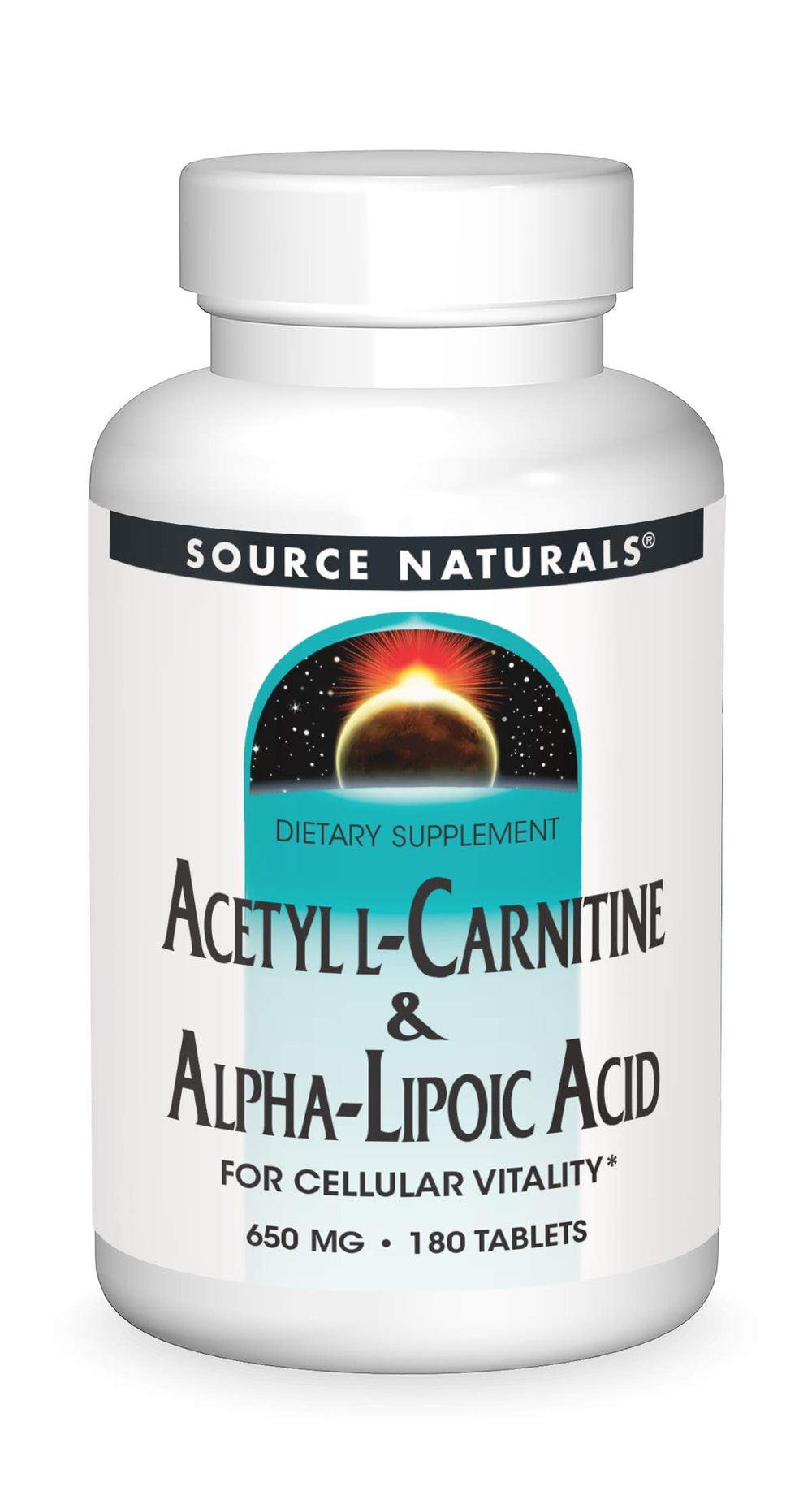 Bottle of Source Naturals Acetyl L-Carnitine and Alpha-Lipoic Acid 650 mg with 180 tablets