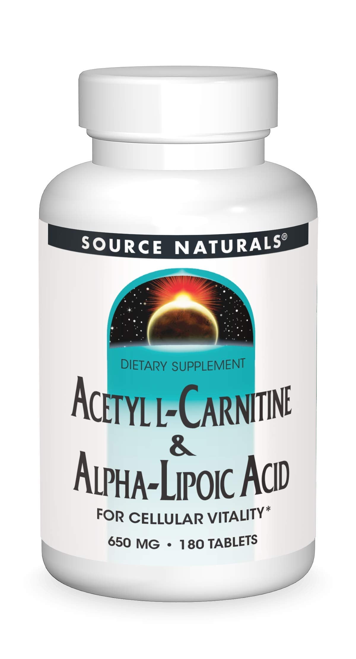 Bottle of Source Naturals Acetyl L-Carnitine and Alpha-Lipoic Acid 650 mg with 180 tablets