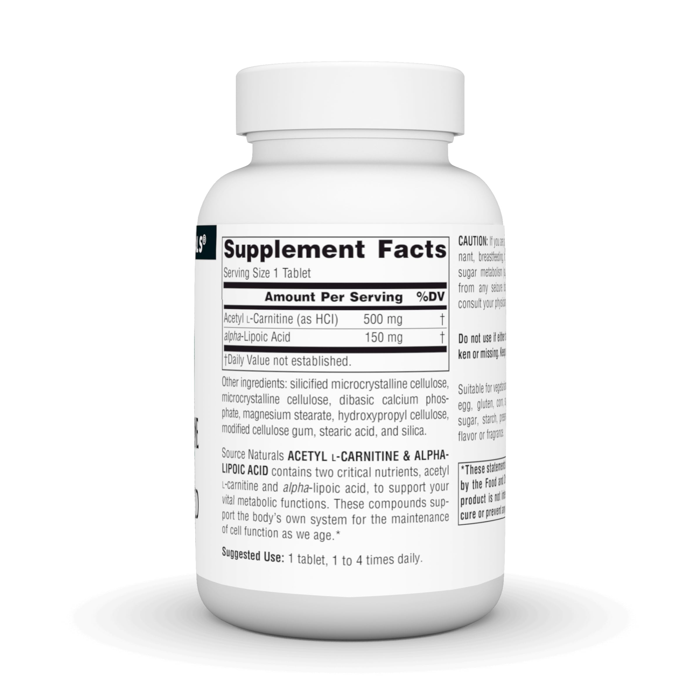 Close-up of 650 mg tablets from Source Naturals supplement bottle