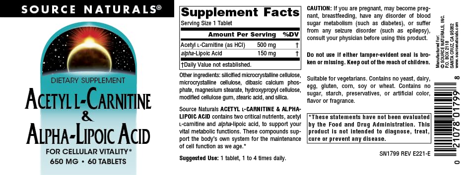 Vegetarian-friendly acetyl L-carnitine & alpha-lipoic acid tablets