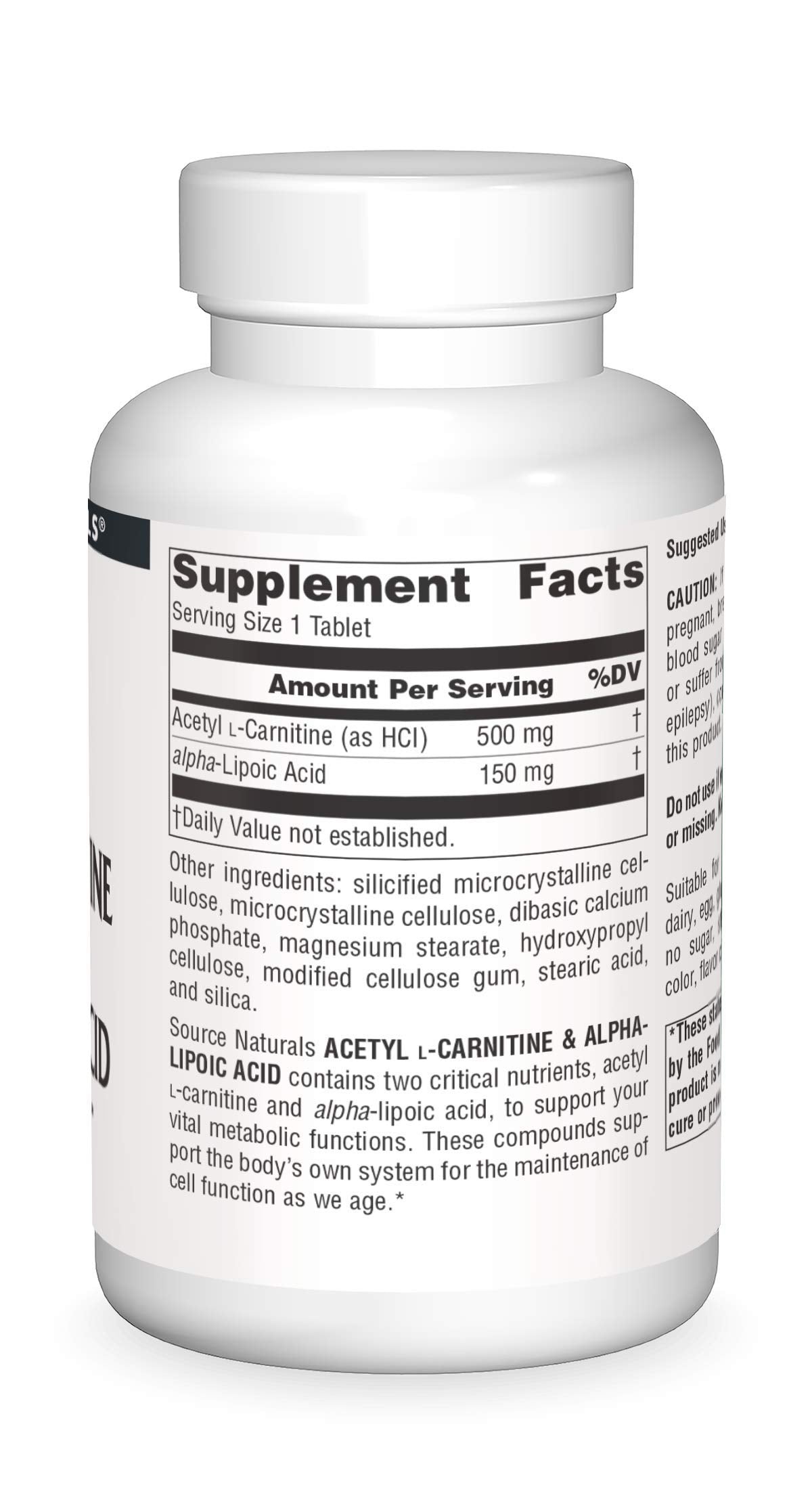 Ingredients panel for Source Naturals Acetyl L-Carnitine and Alpha-Lipoic Acid 650 mg