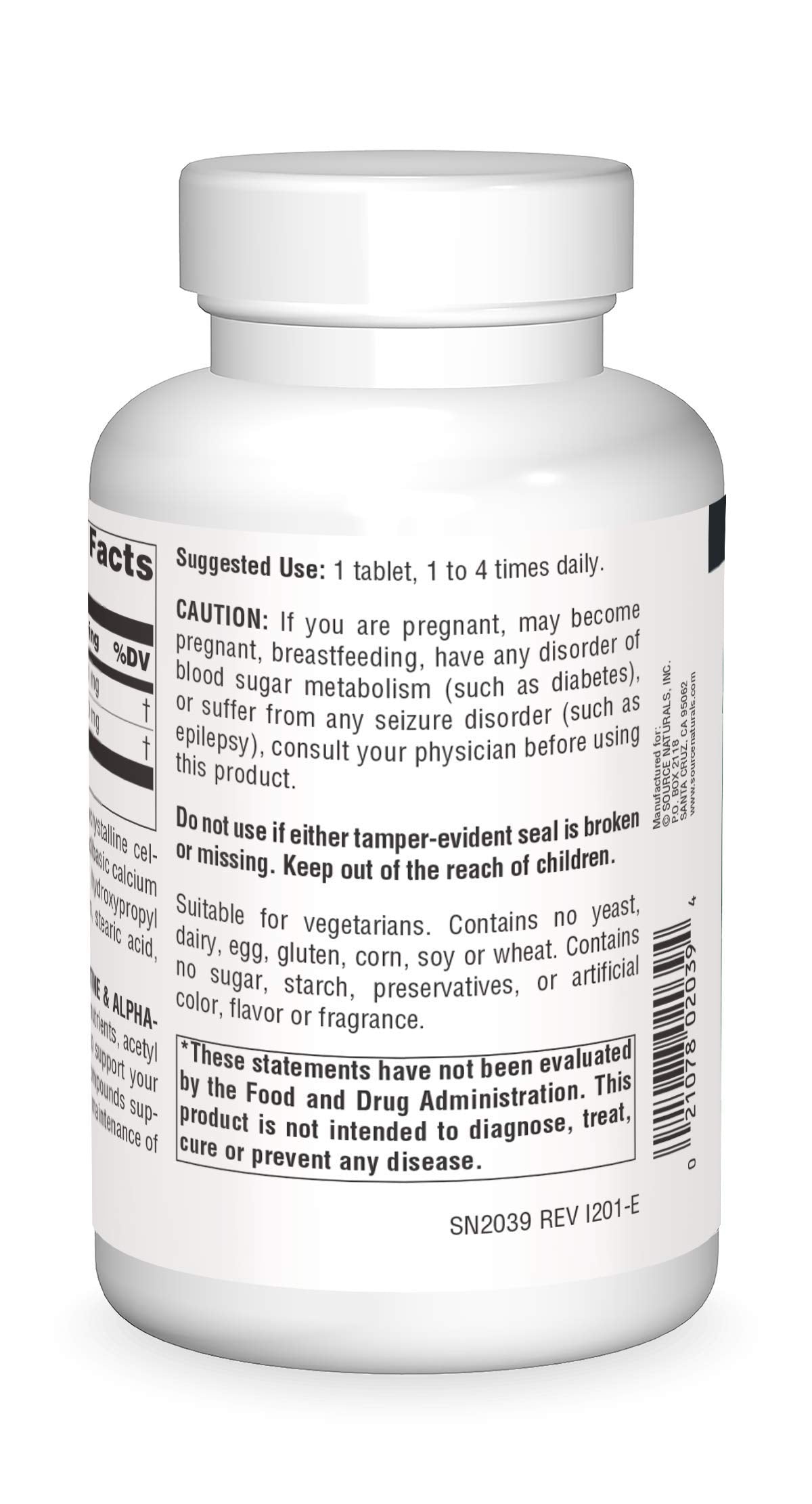 Front label of Source Naturals Acetyl L-Carnitine and Alpha-Lipoic Acid 650 mg bottle