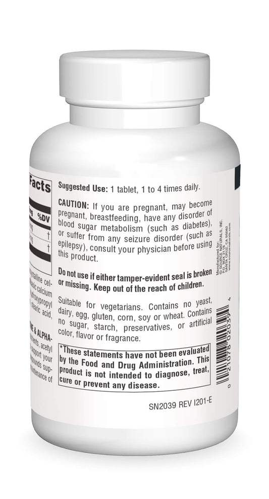 Front label of Source Naturals Acetyl L-Carnitine and Alpha-Lipoic Acid 650 mg bottle