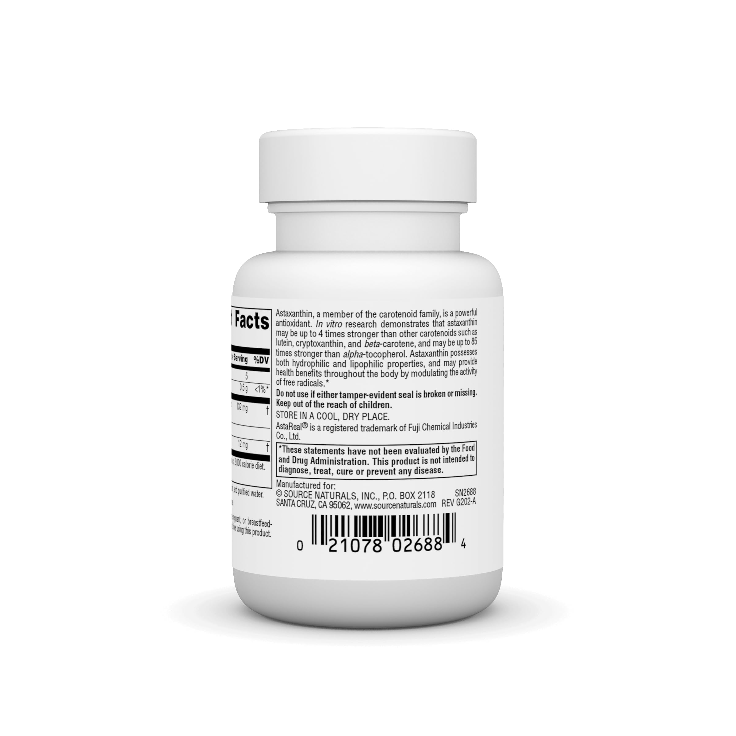 Supplement facts panel for Source Naturals Astaxanthin