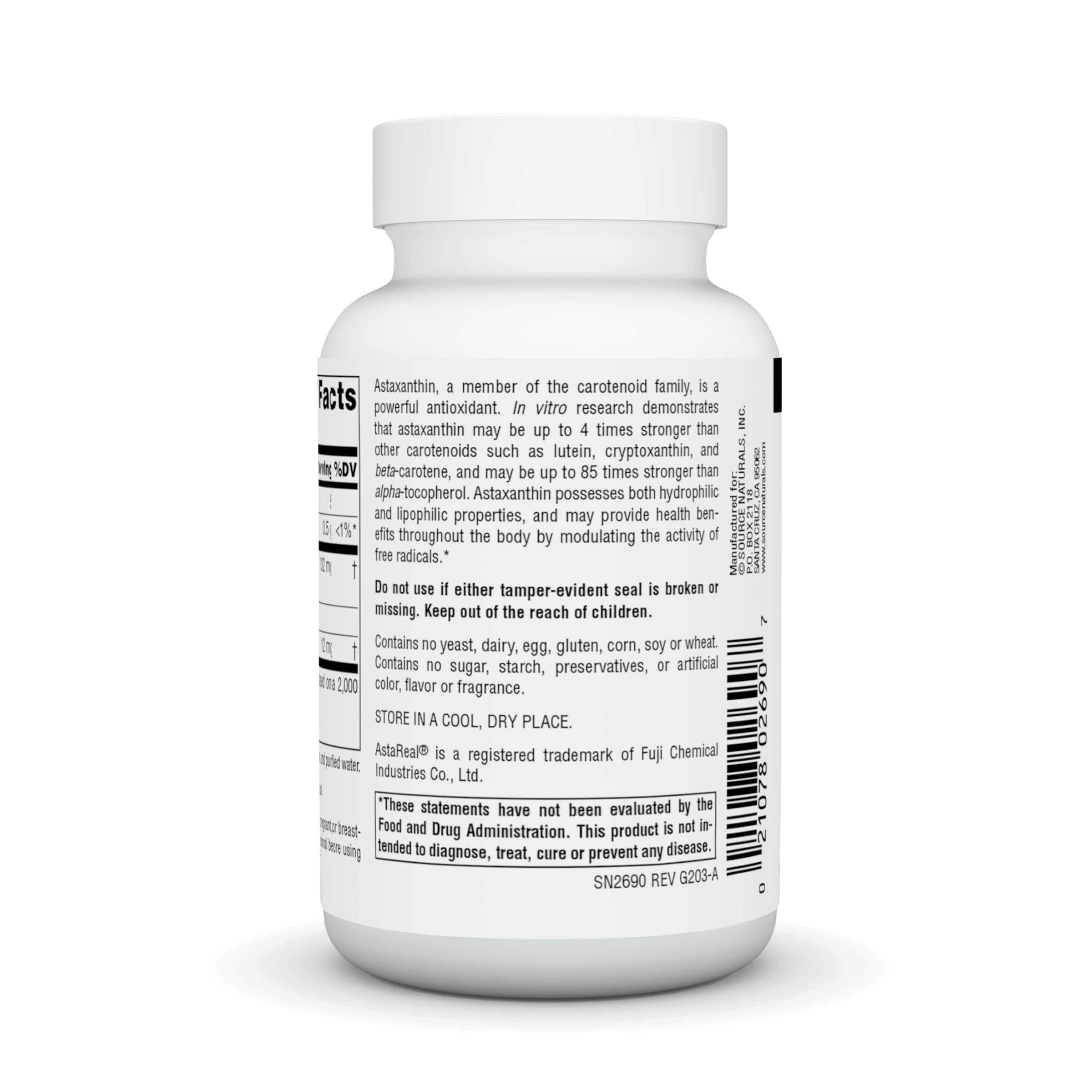 Supplement facts panel on Source Naturals Astaxanthin bottle