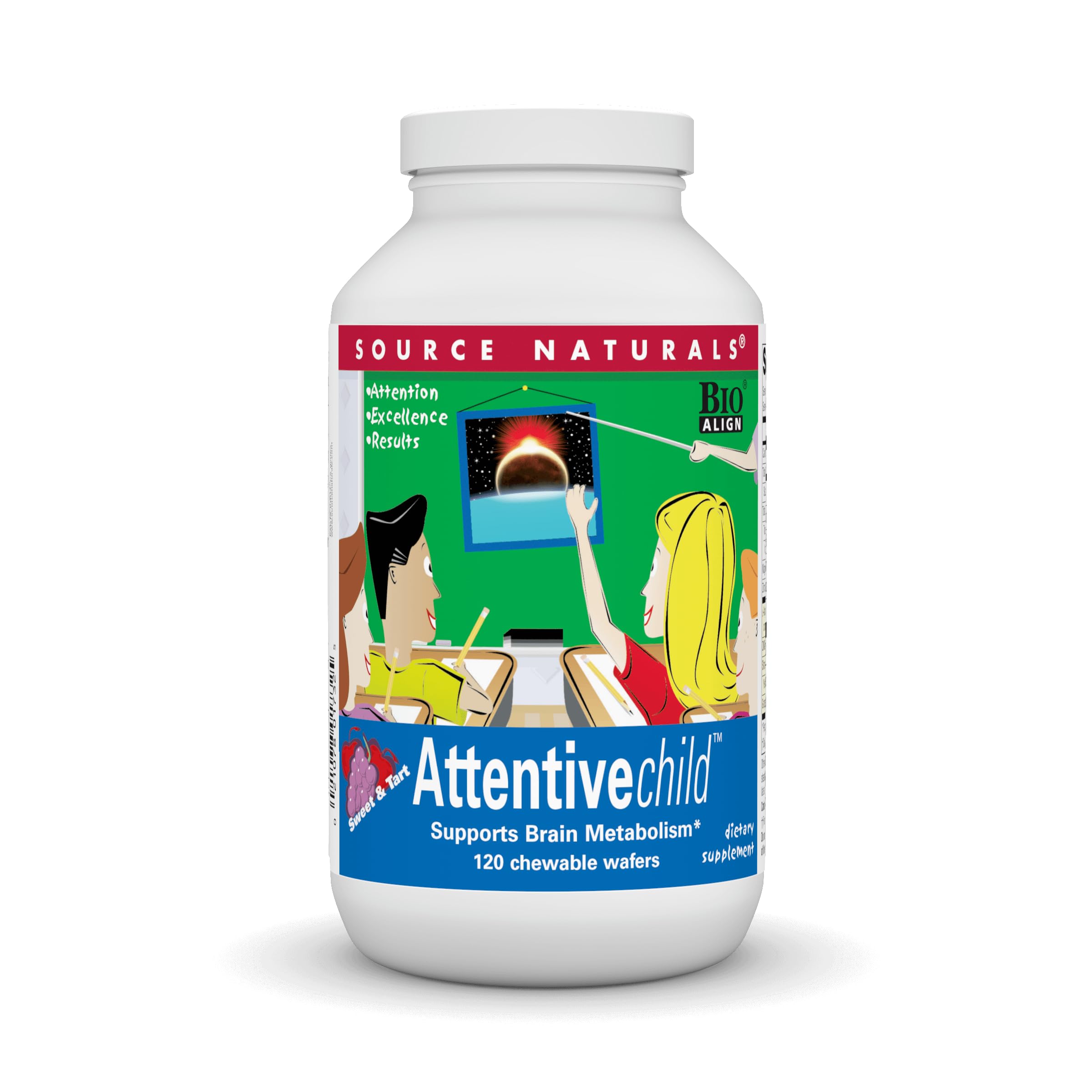 Front view of Source Naturals Attentive Child Chewable Wafers bottle (120 fruit wafers)