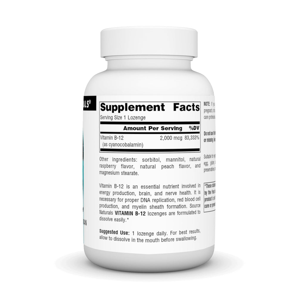 Dose instruction for Source Naturals B-12 lozenges: one lozenge daily