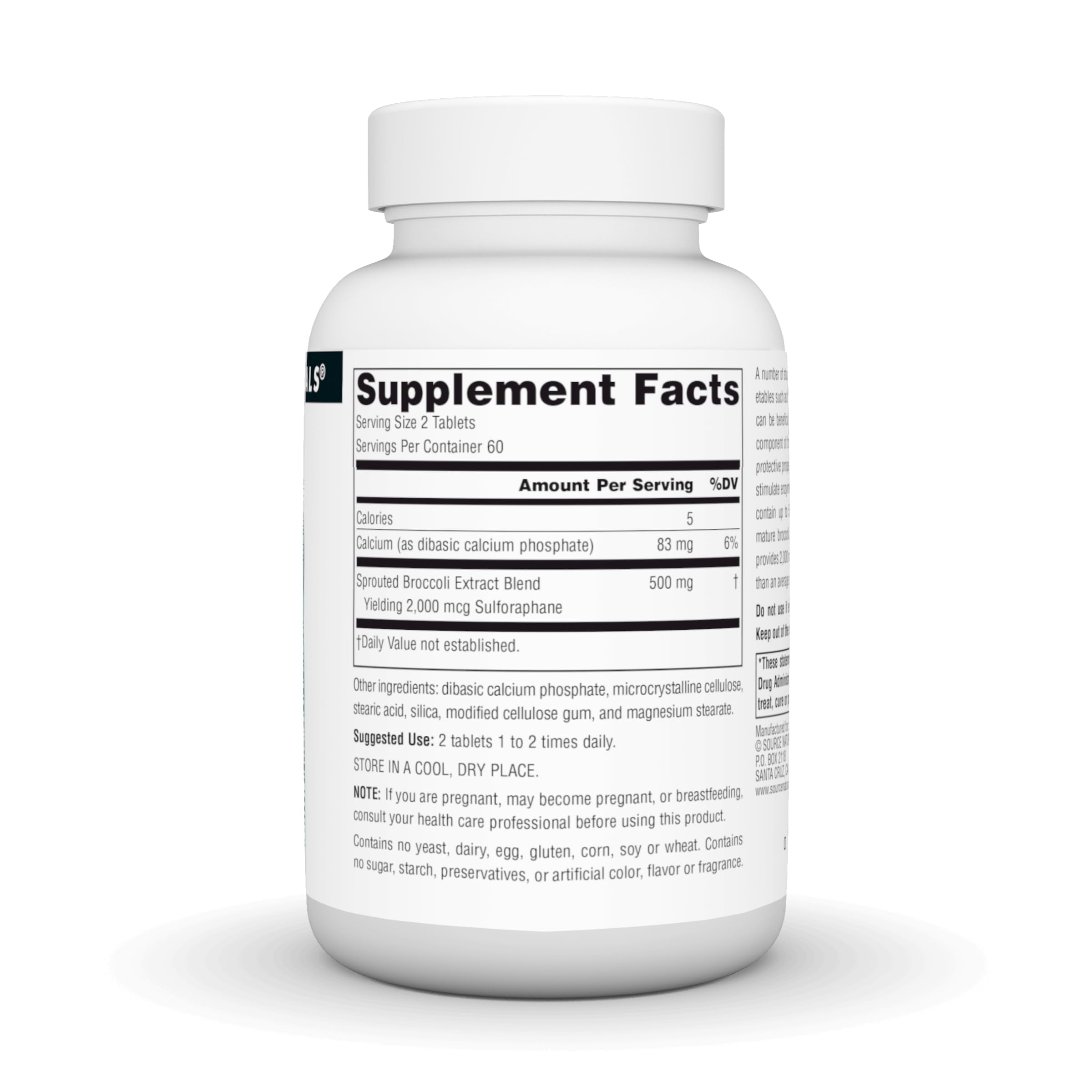 Supplement bottle label showing broccoli sprouts extract benefits
