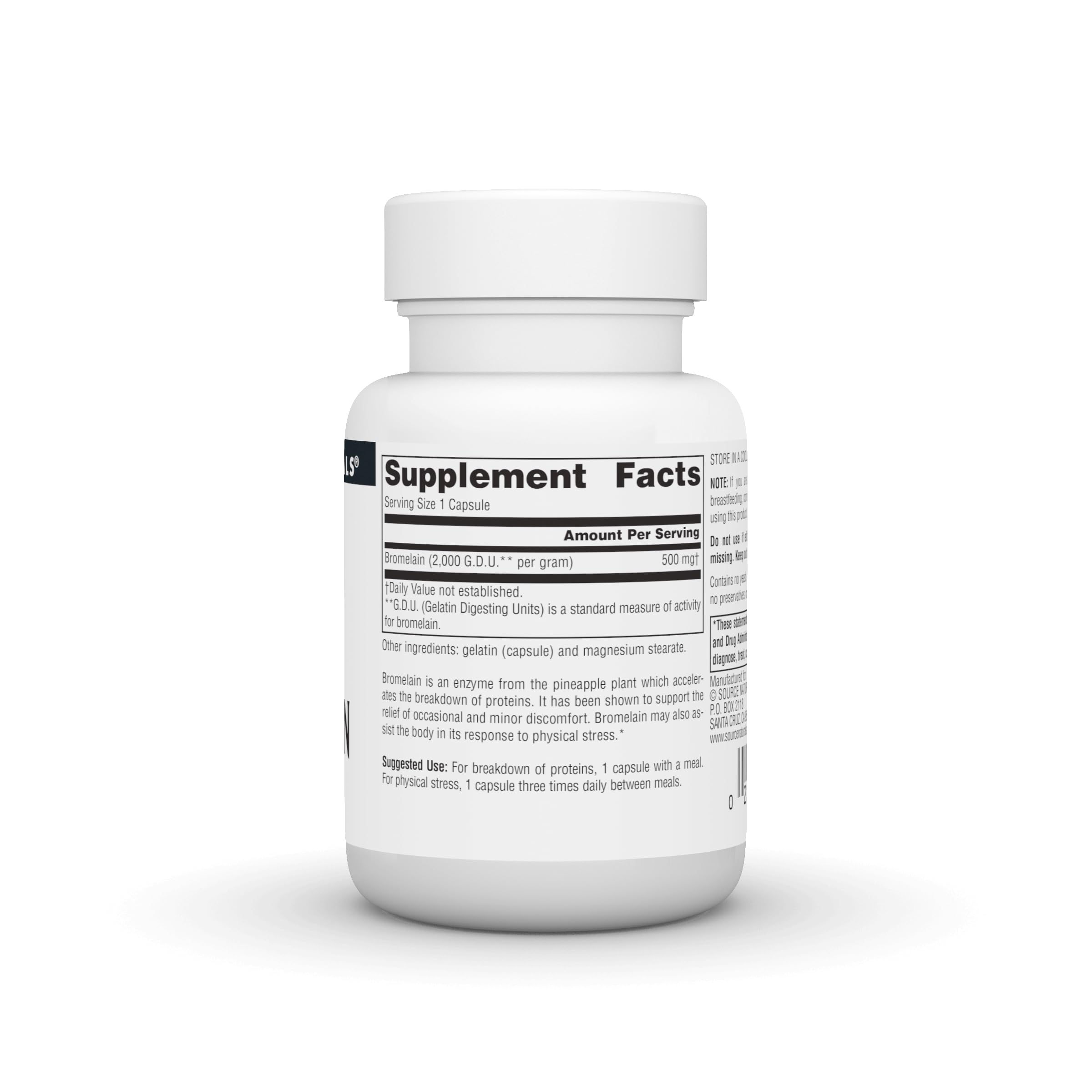 Bromelain bottle with 30 capsules and label details