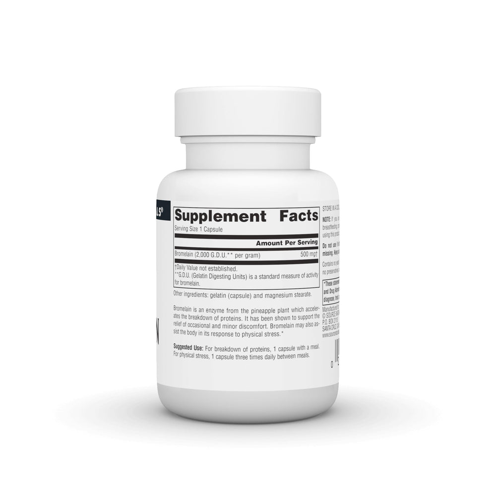 Bromelain bottle with 30 capsules and label details