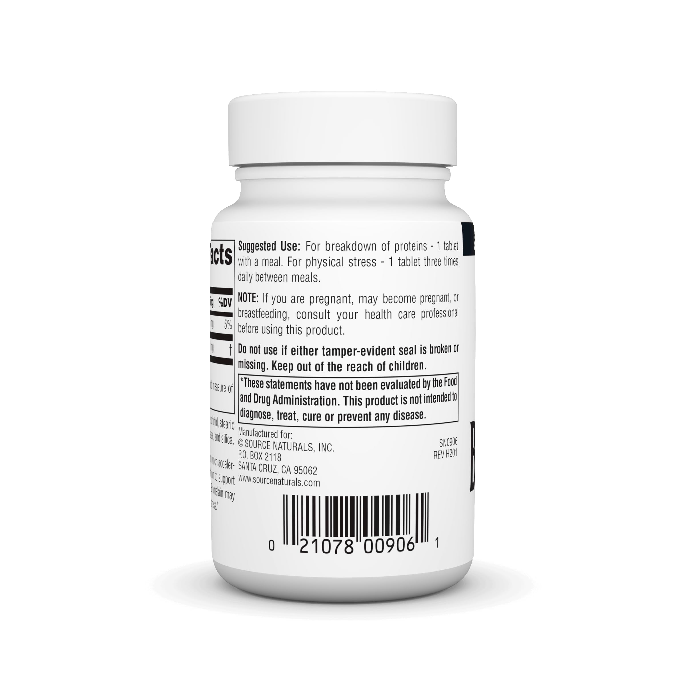 Supplement facts label for Bromelain 500mg 60 tablets