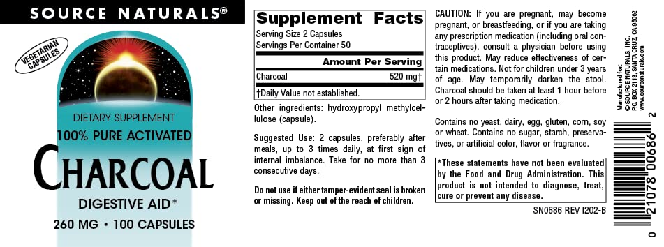 Box and bottle of Source Naturals Charcoal Digestive Aid