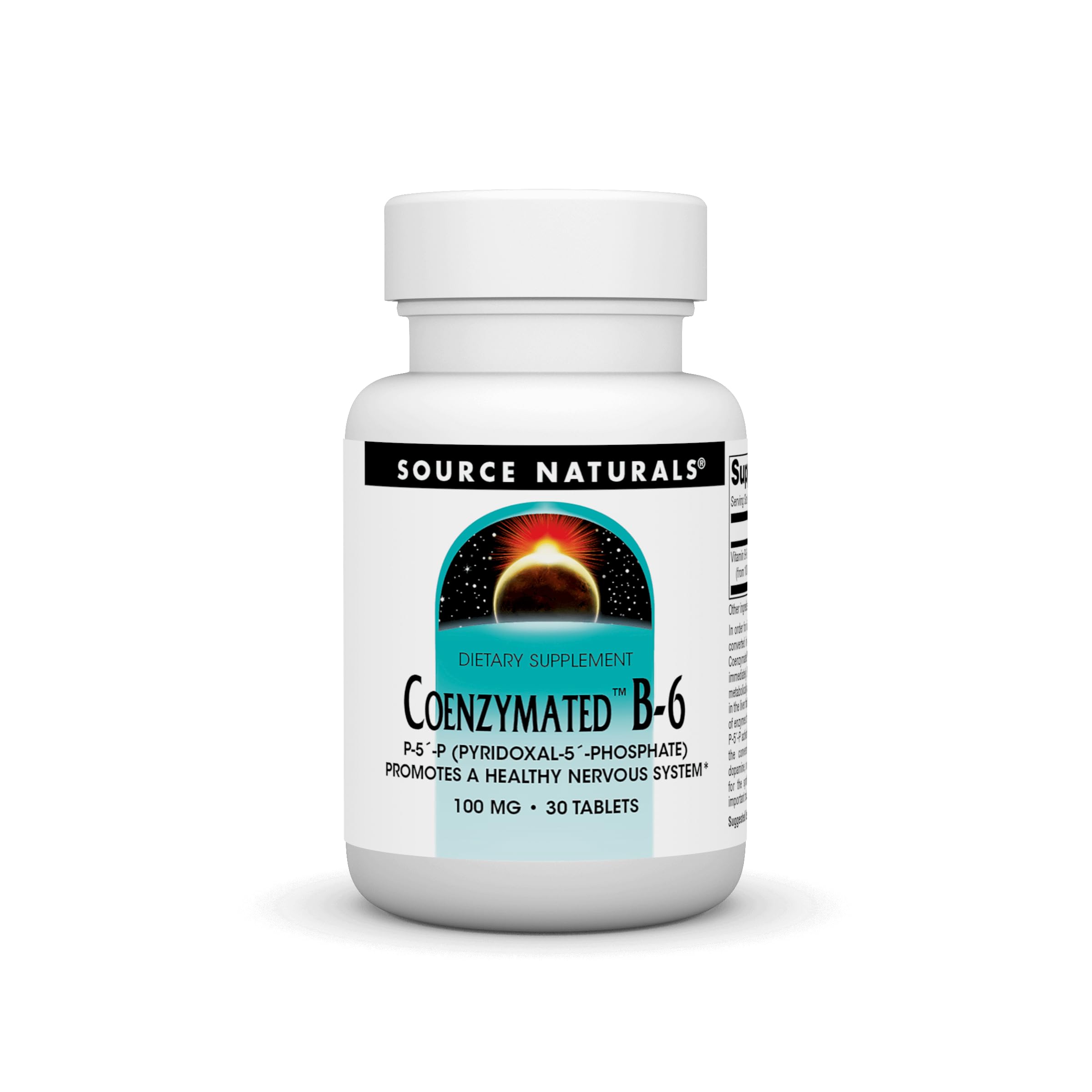 Bottle of Source Naturals Coenzymated B-6 100 mg - 30 tablets on white background