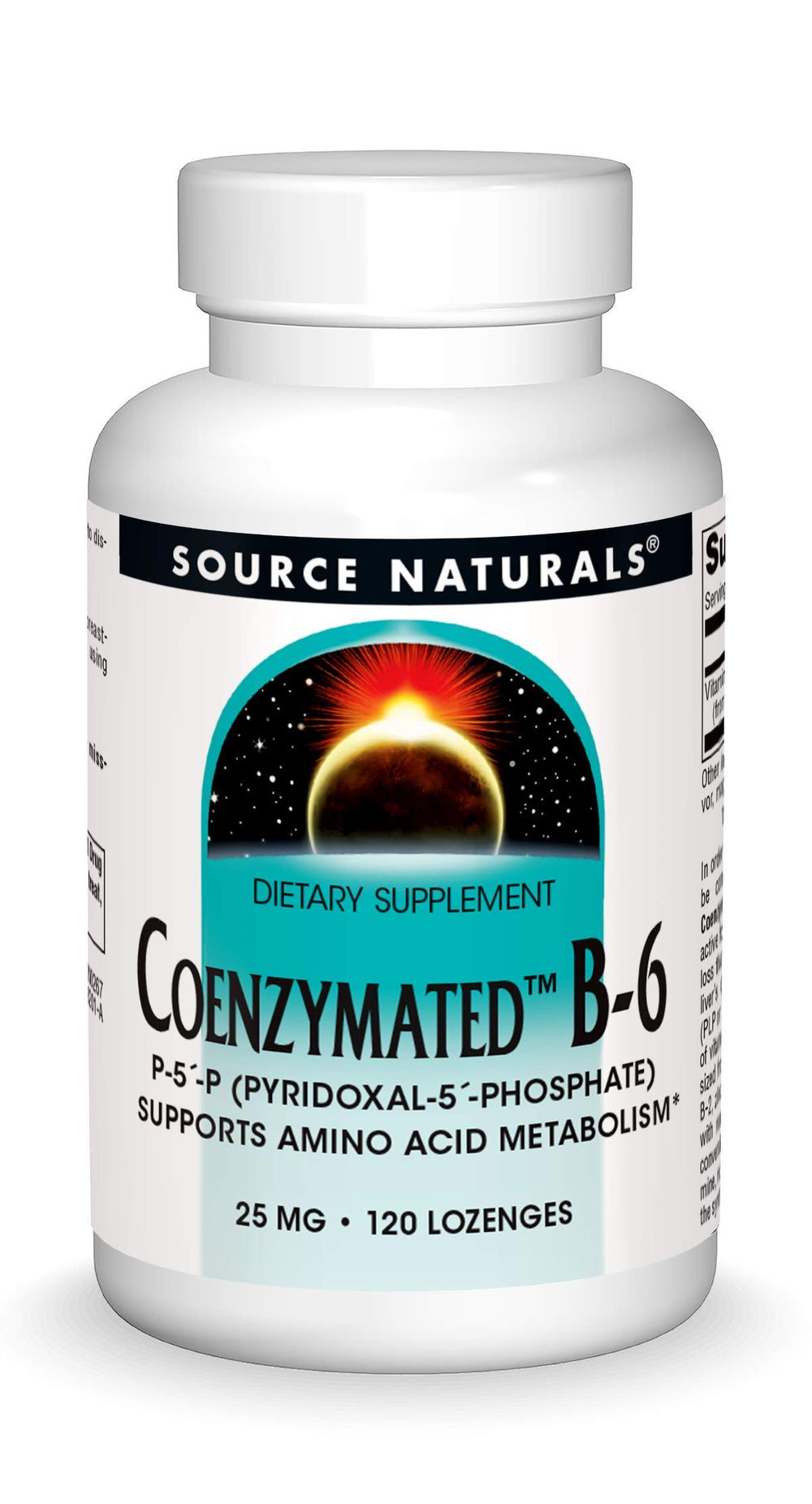Front view of Source Naturals Coenzymated B-6 lozenges bottle with 120-count