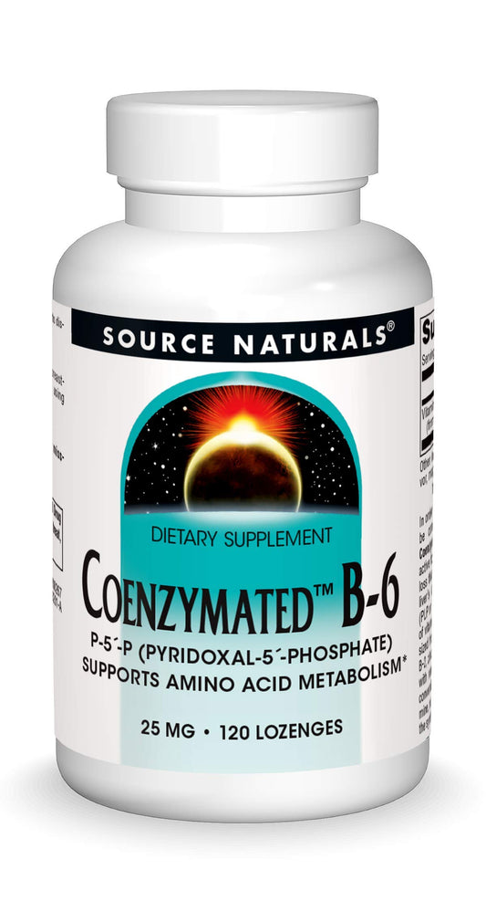 Front view of Source Naturals Coenzymated B-6 lozenges bottle with 120-count