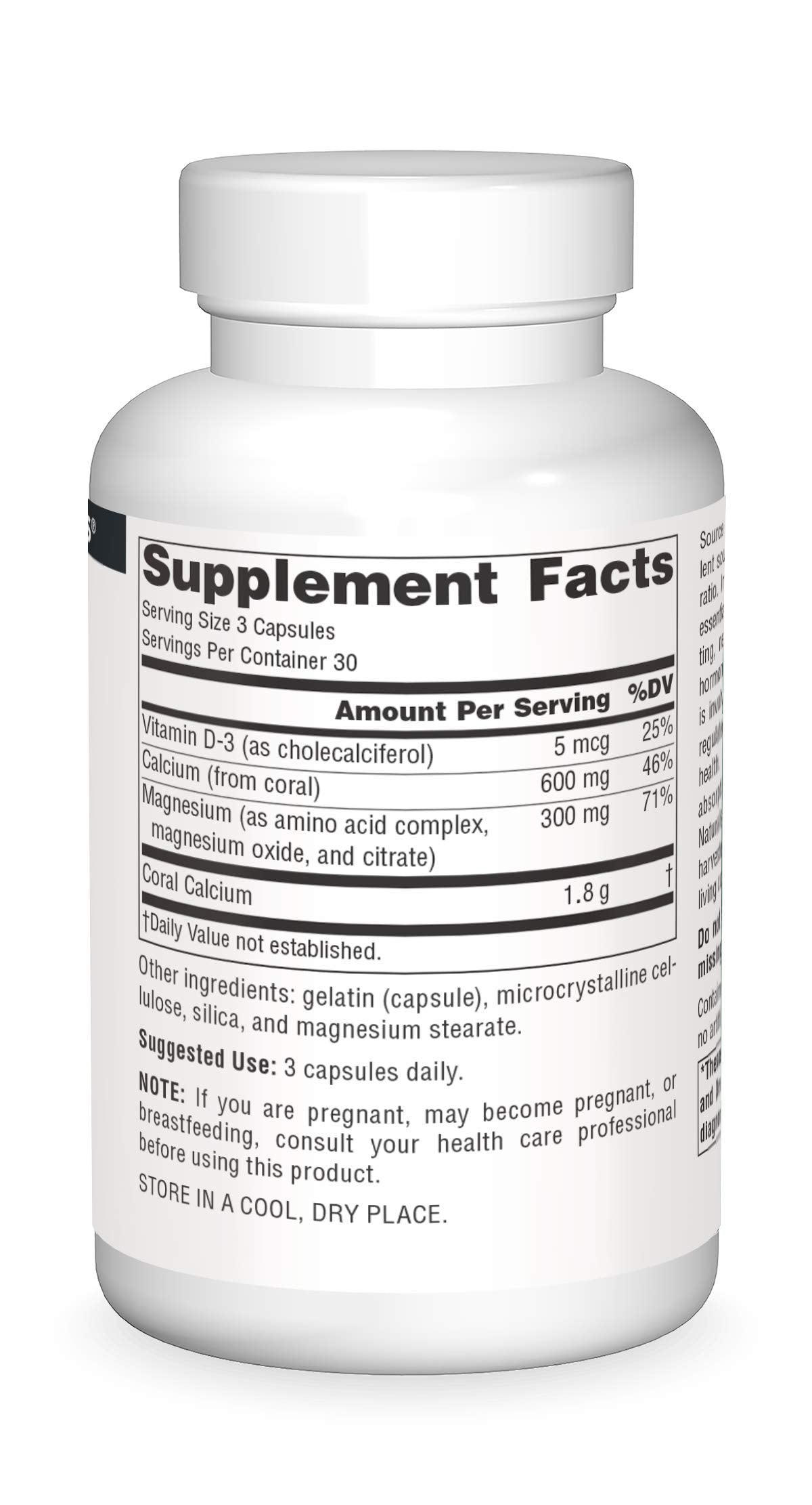 Supplement facts panel highlighting calcium to magnesium 2 to 1 ratio