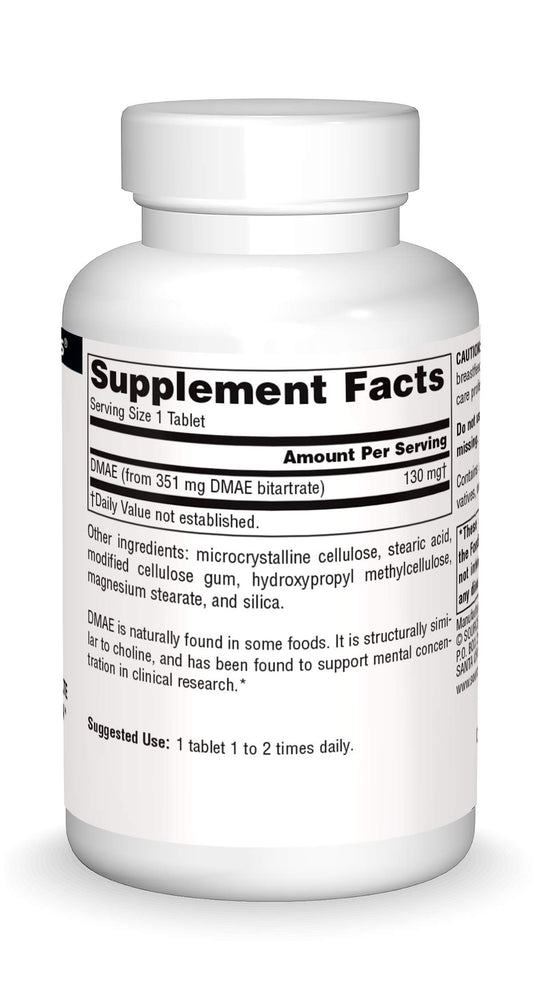Back label of Source Naturals DMAE bottle showing supplement facts