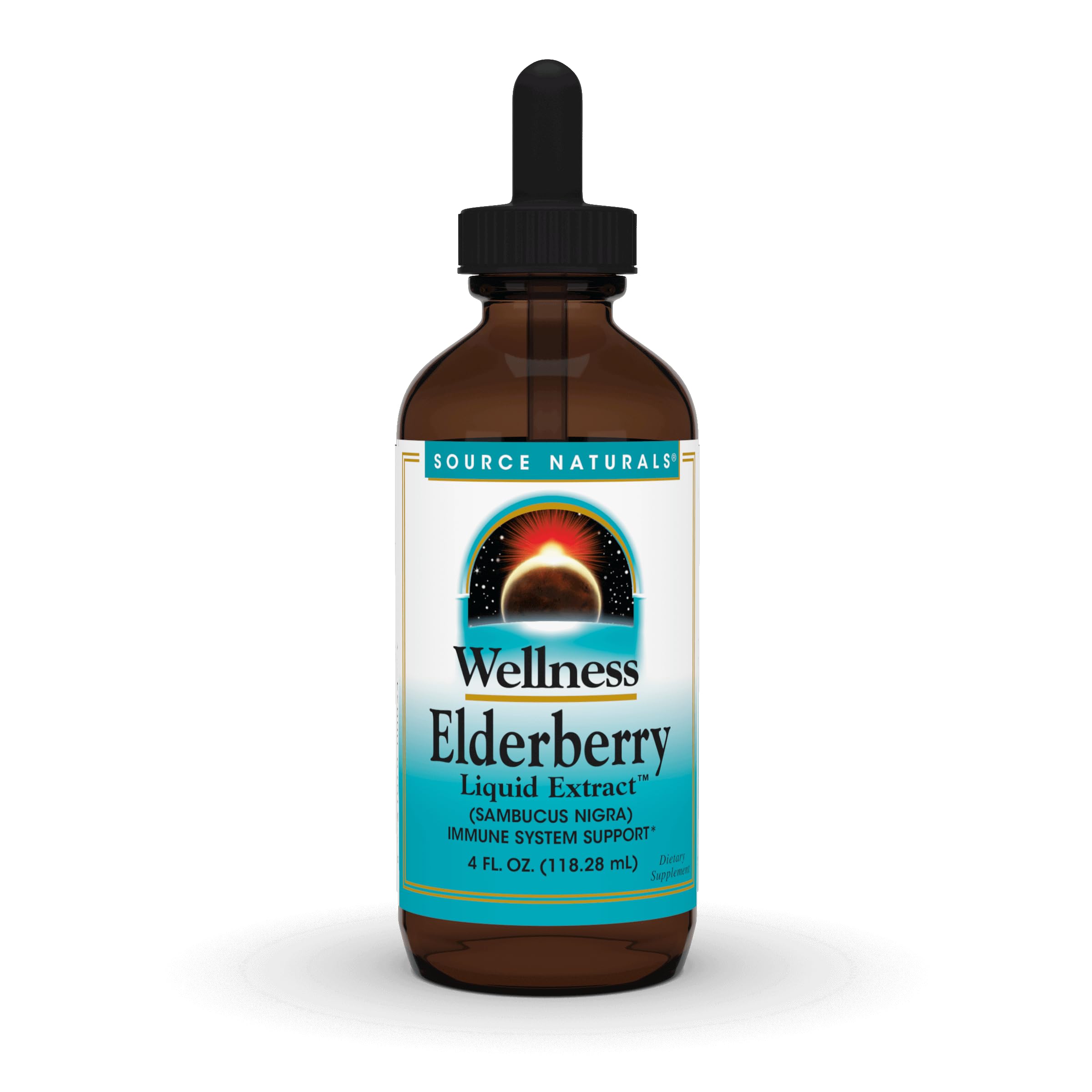 Front view of Source Naturals Wellness Elderberry Liquid Extract bottle, 4 fl oz