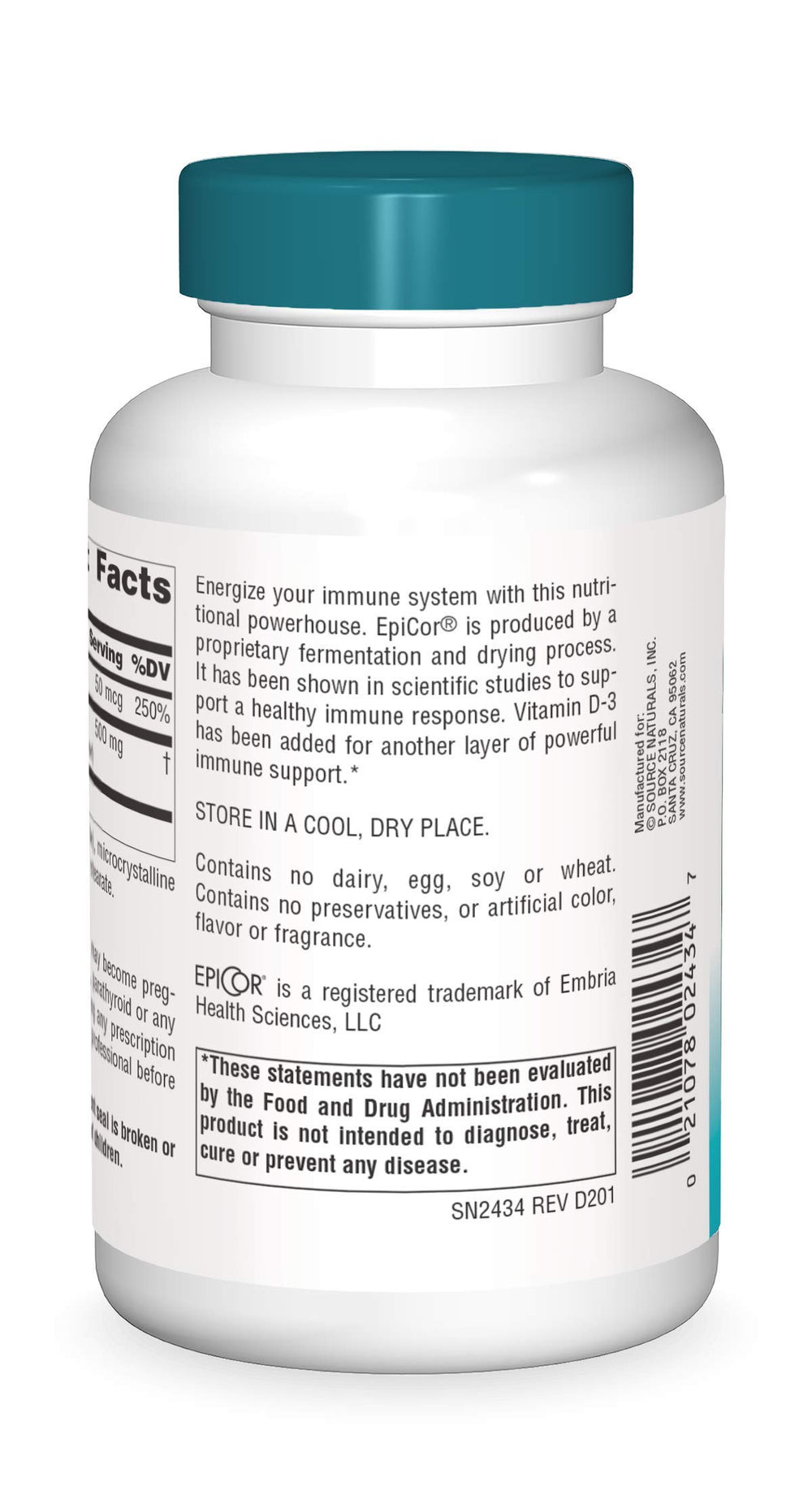 Close-up of EpiCor with Vitamin D-3 product label
