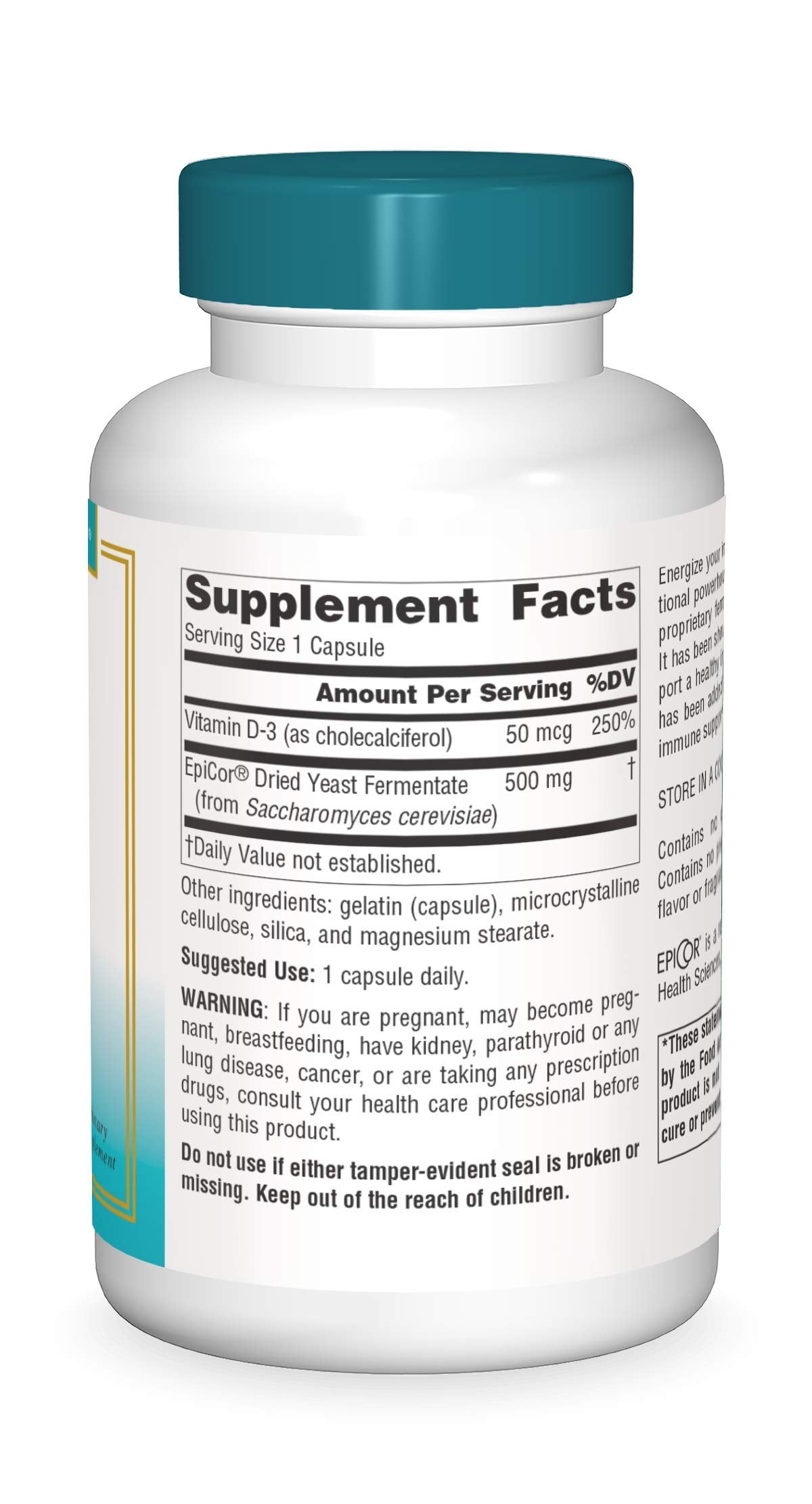 Nutrition facts panel for EpiCor with Vitamin D-3