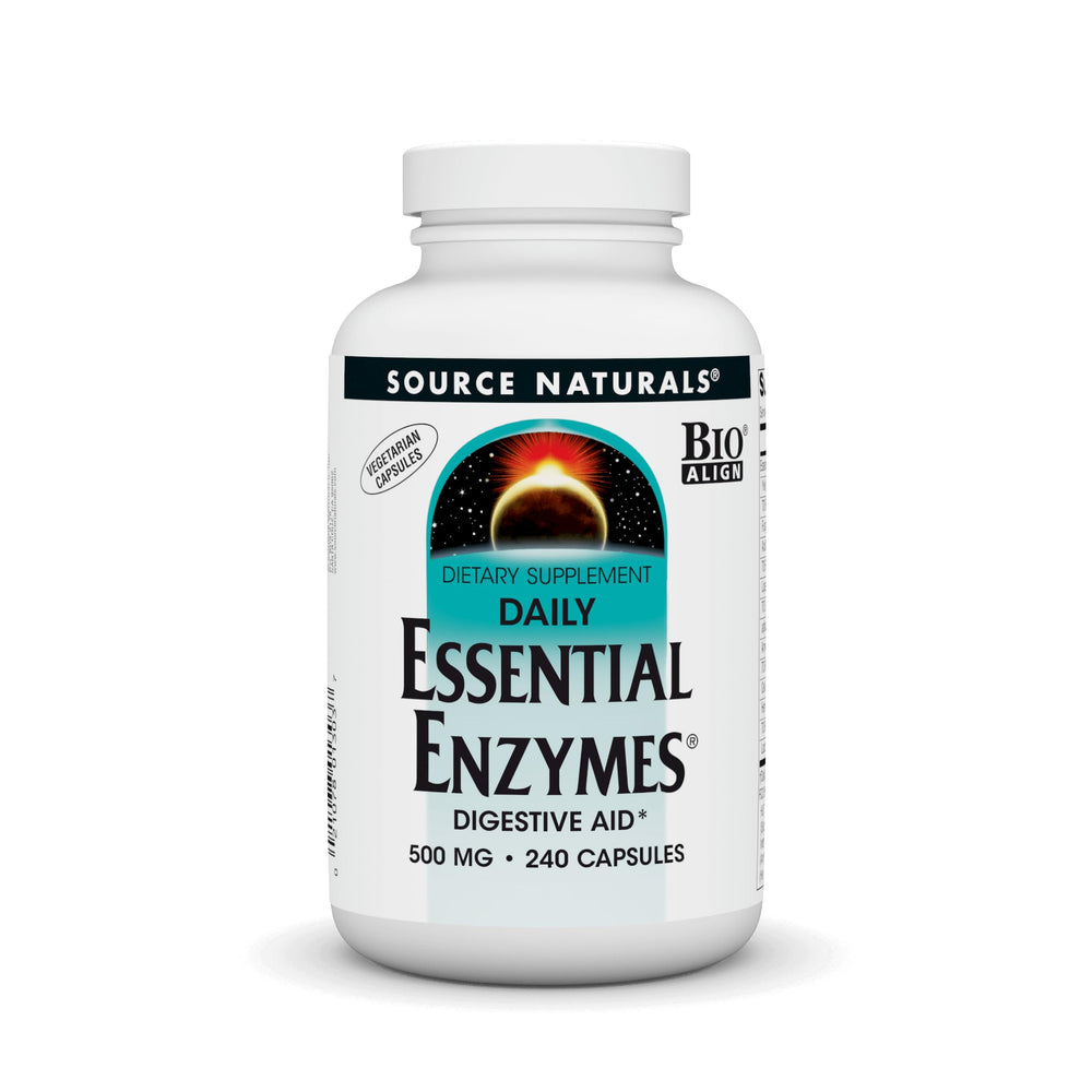 Front view of Source Naturals Essential Enzymes vegetarian capsules bottle