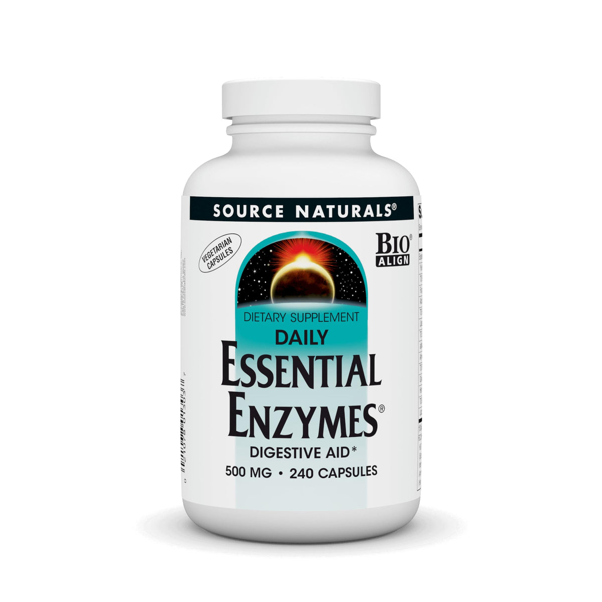 Front view of Source Naturals Essential Enzymes vegetarian capsules bottle
