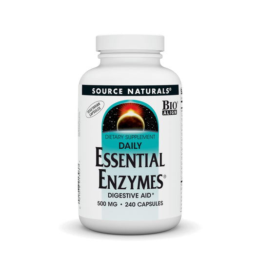 Front view of Source Naturals Essential Enzymes vegetarian capsules bottle