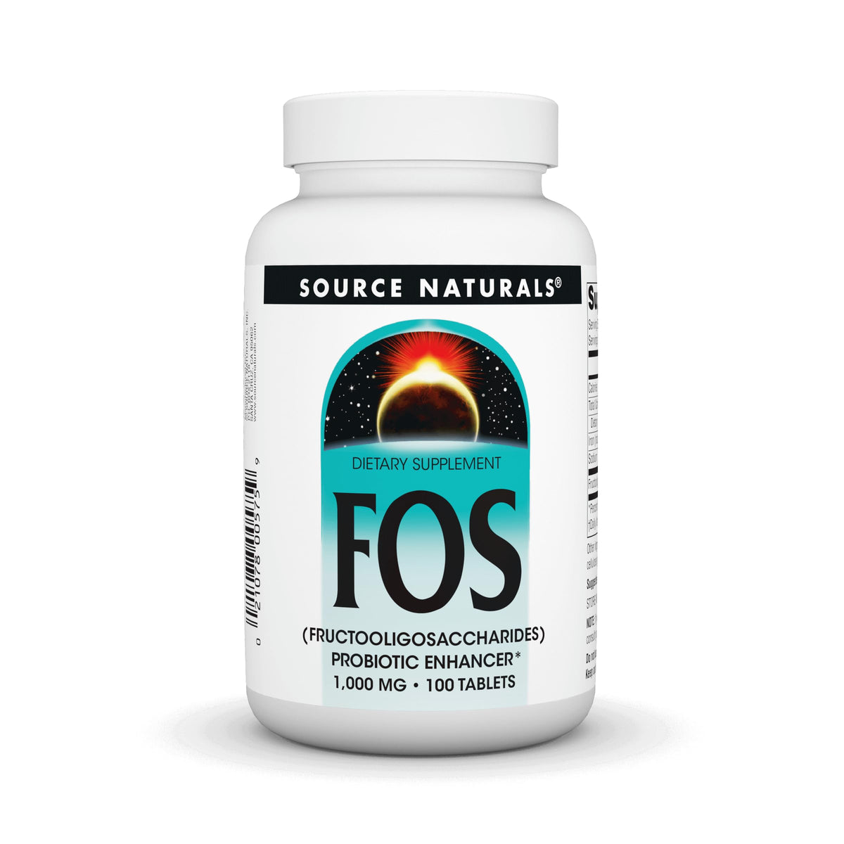 Bottle of Source Naturals FOS 1000 mg fructooligosaccharides probiotic enhancer