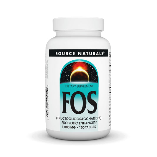 Bottle of Source Naturals FOS 1000 mg fructooligosaccharides probiotic enhancer