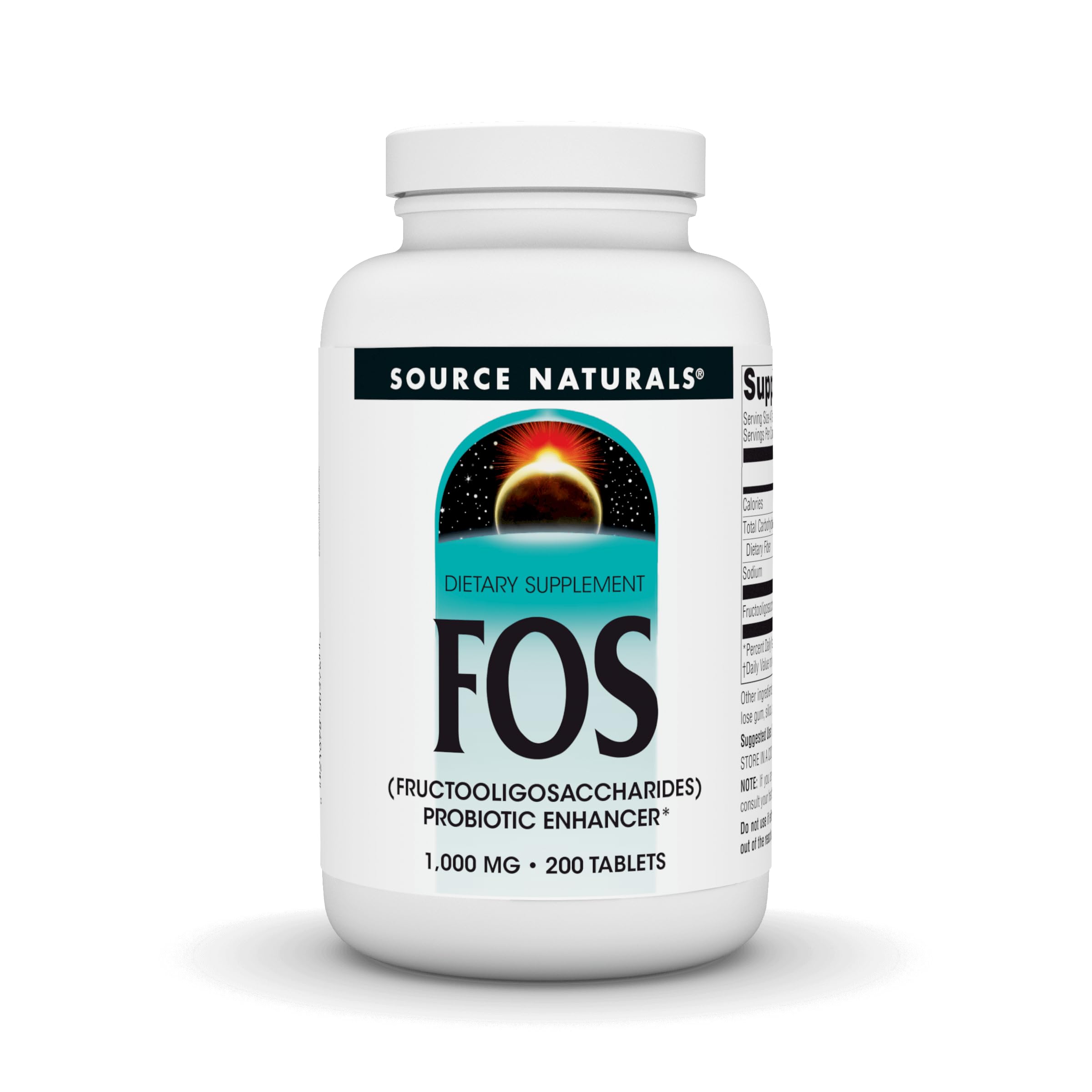 Bottle label: Source Naturals FOS 1000 mg Fructooligosaccharides Probiotic Enhancer
