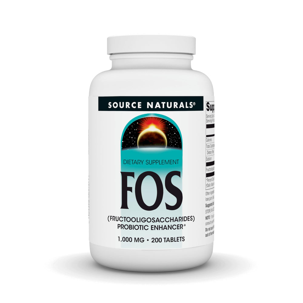 Bottle label: Source Naturals FOS 1000 mg Fructooligosaccharides Probiotic Enhancer