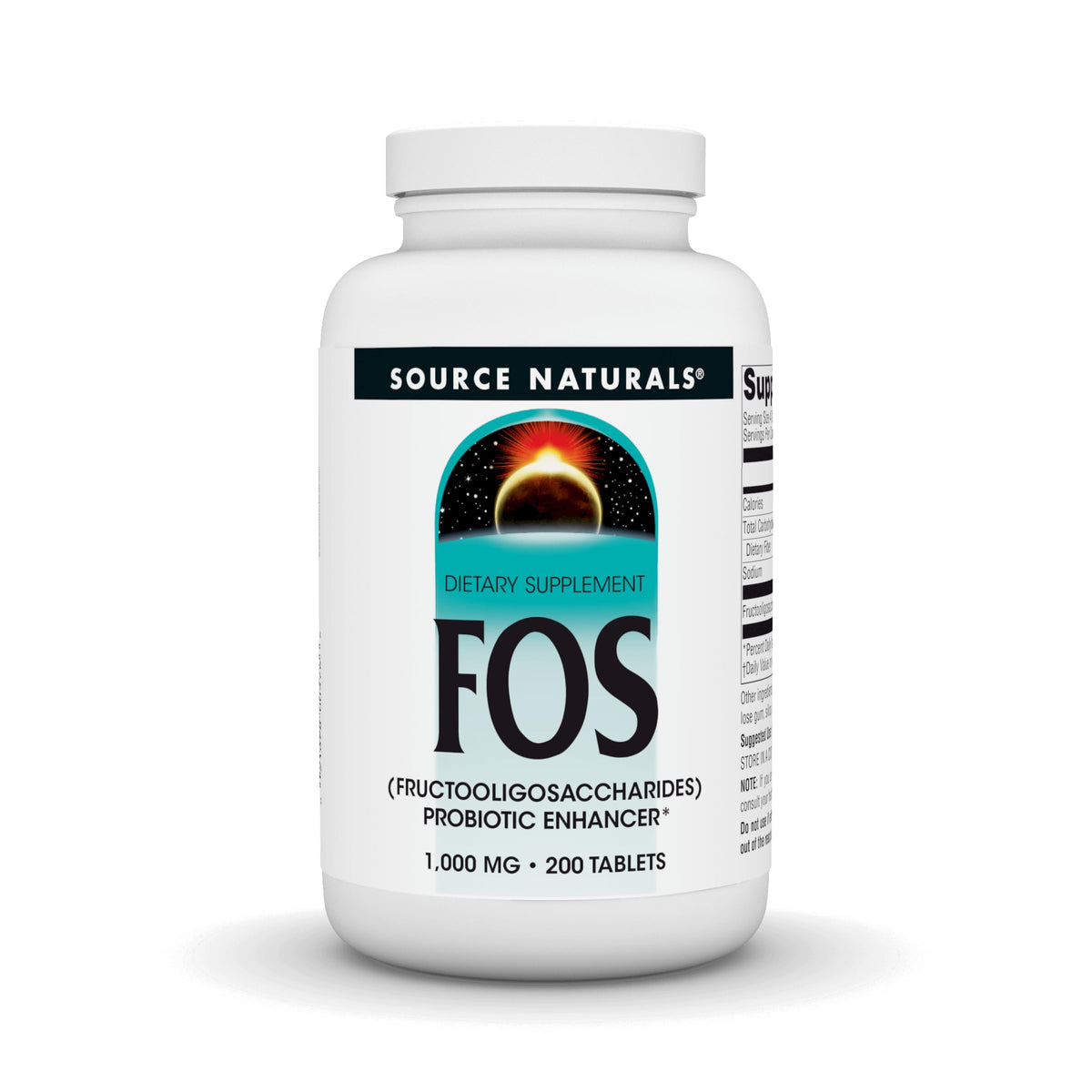 Bottle label: Source Naturals FOS 1000 mg Fructooligosaccharides Probiotic Enhancer