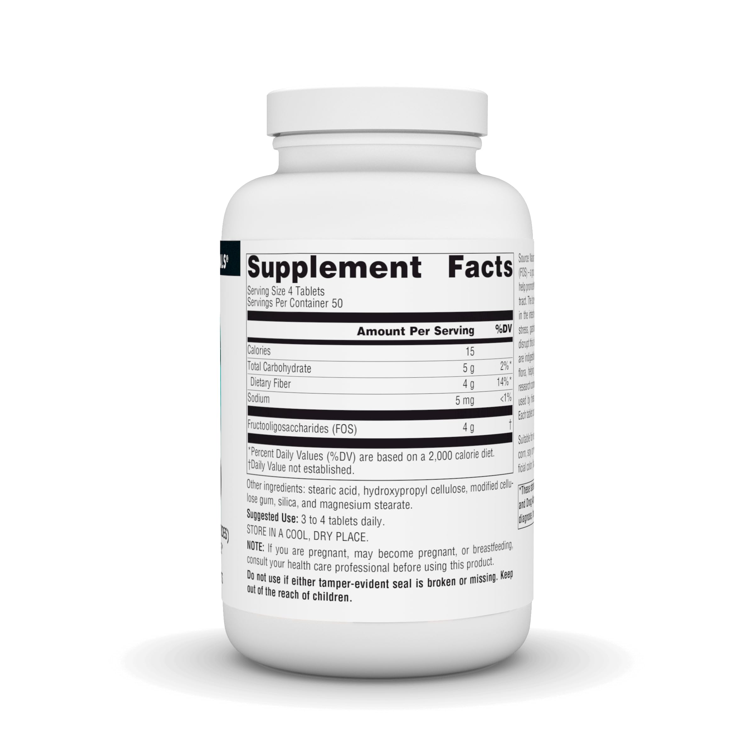 Close-up of tablets showing 1000 mg FOS per serving