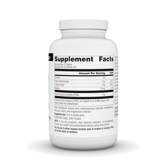 Close-up of tablets showing 1000 mg FOS per serving