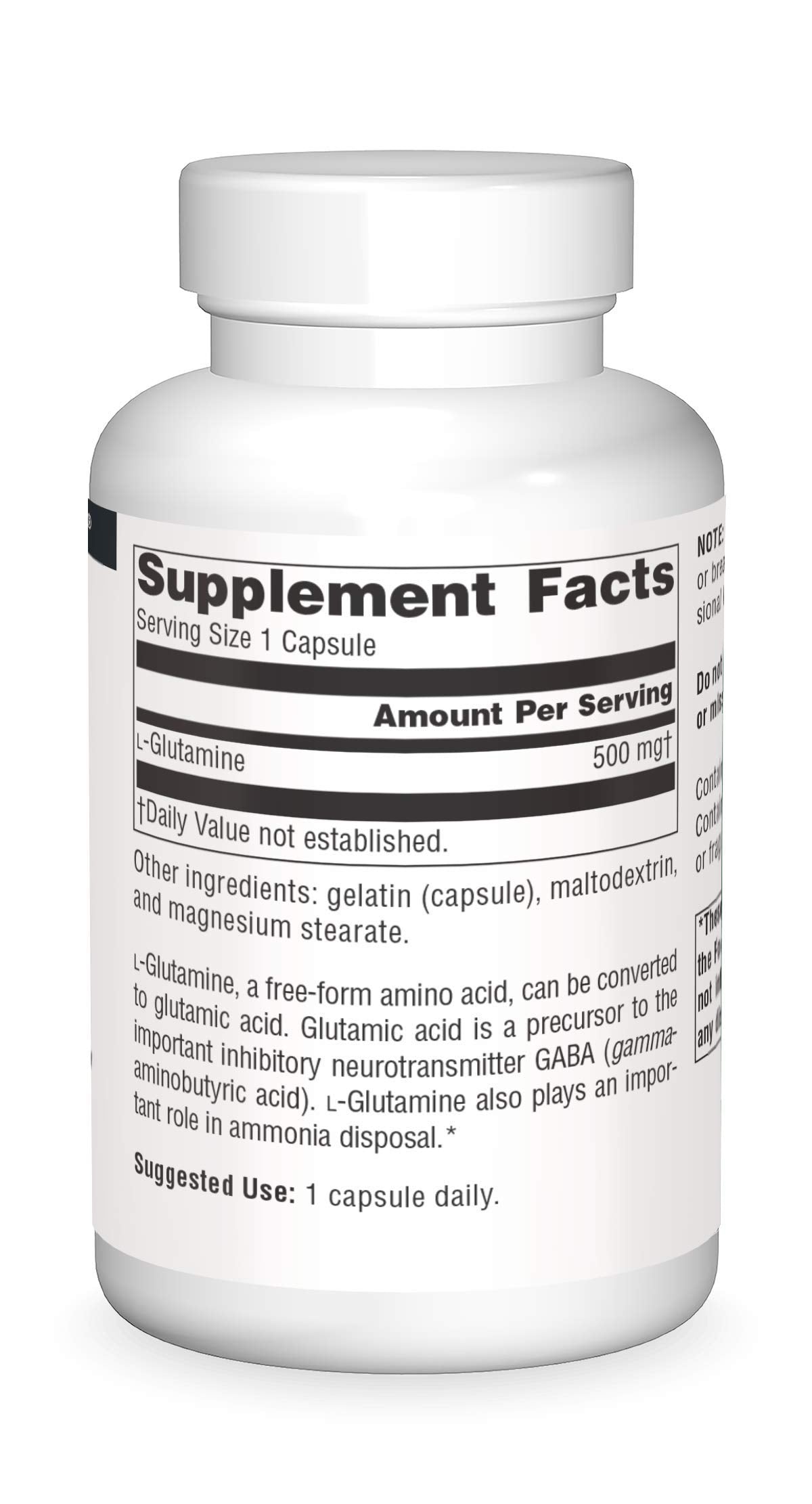 Capsules inside bottle of Free Form L-Glutamine 500 mg