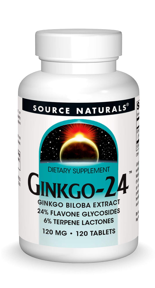 Source Naturals Ginkgo-24 bottle with label and 120 tablets