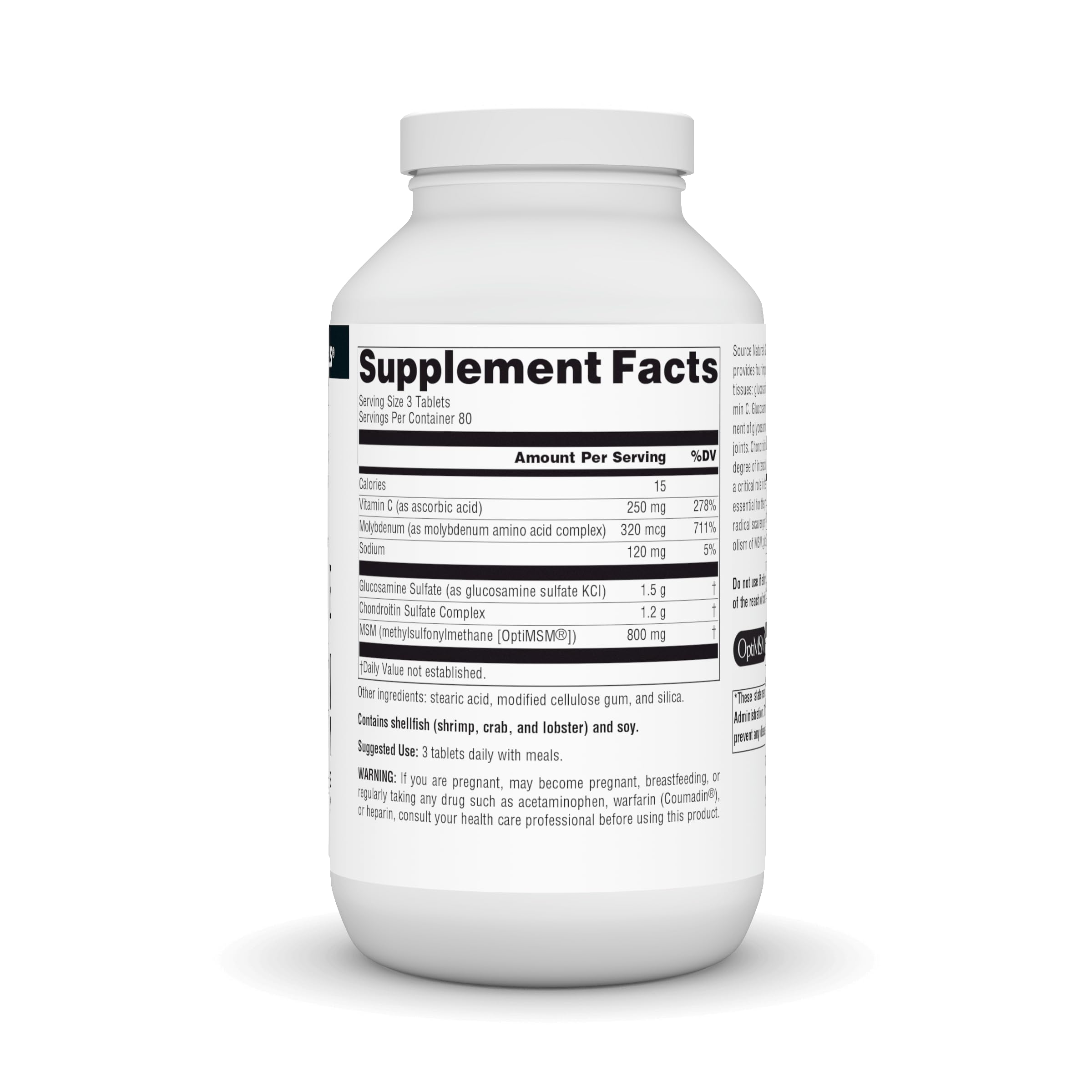 Label highlighting four building blocks: glucosamine, chondroitin, MSM, and vitamin C