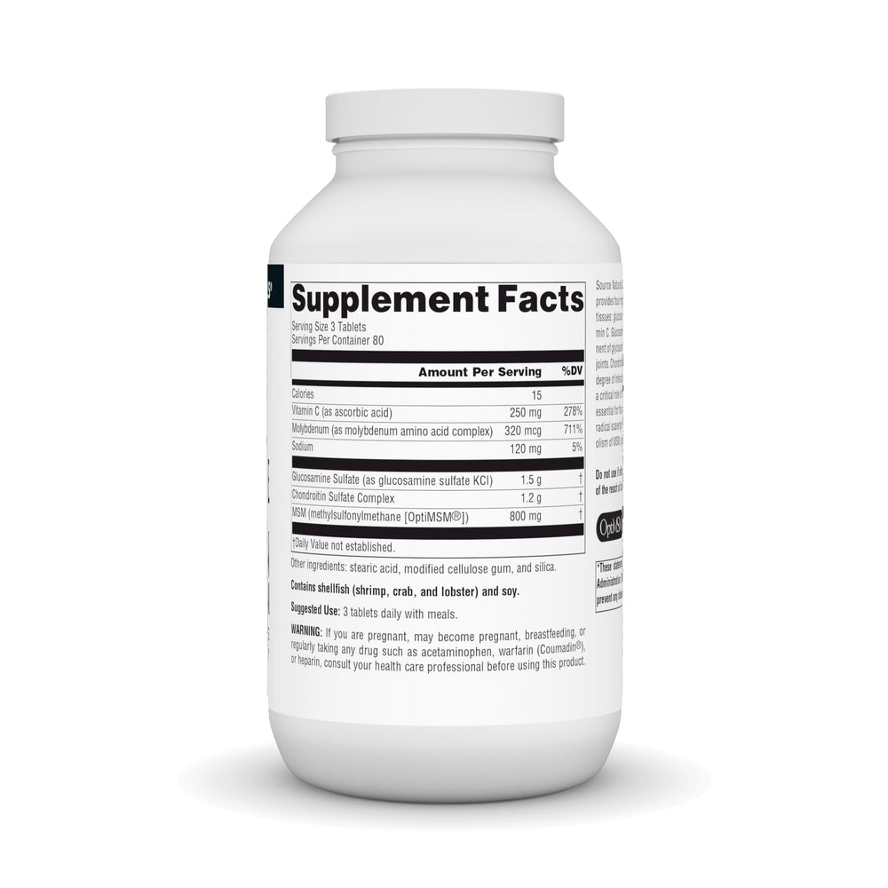 Label highlighting four building blocks: glucosamine, chondroitin, MSM, and vitamin C