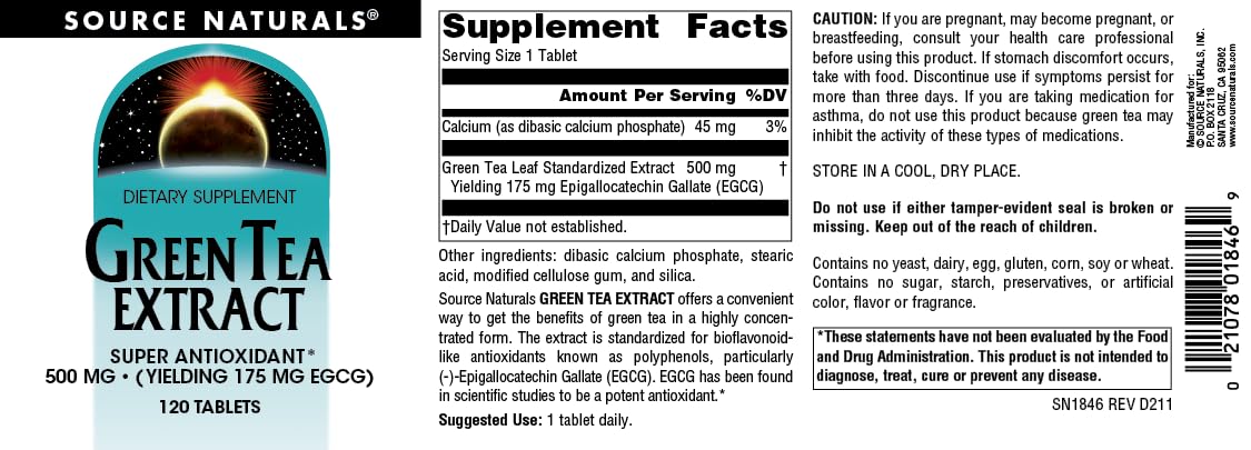 Nutrition facts panel for Source Naturals Green Tea Extract