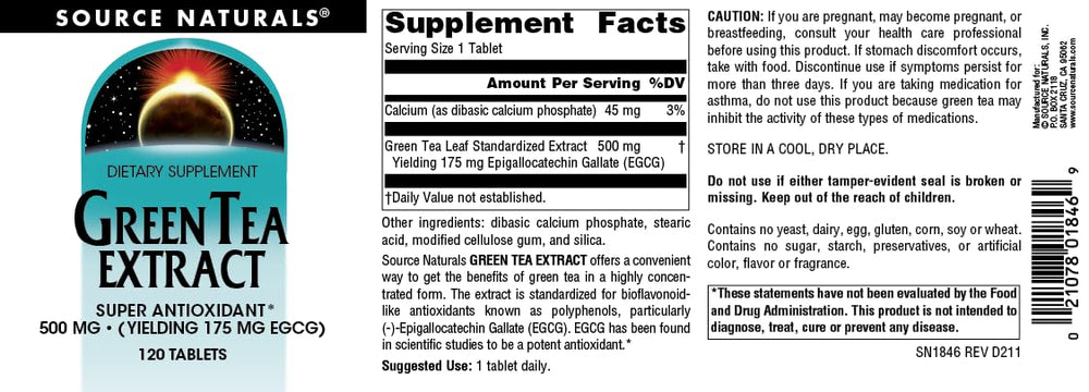 Nutrition facts panel for Source Naturals Green Tea Extract